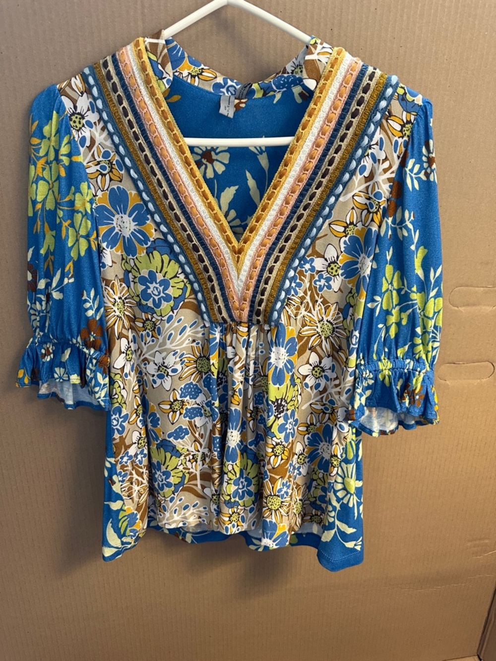 Floral V-Neck Peasant Blouse in Blue and Mustard